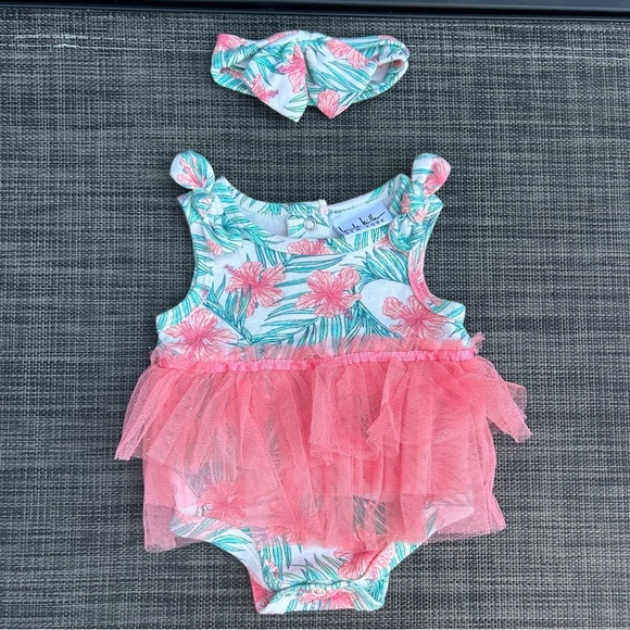 🍭Nicole Miller Floral Baby Romper with Pink Tulle and Headband - Picture 2 of 9